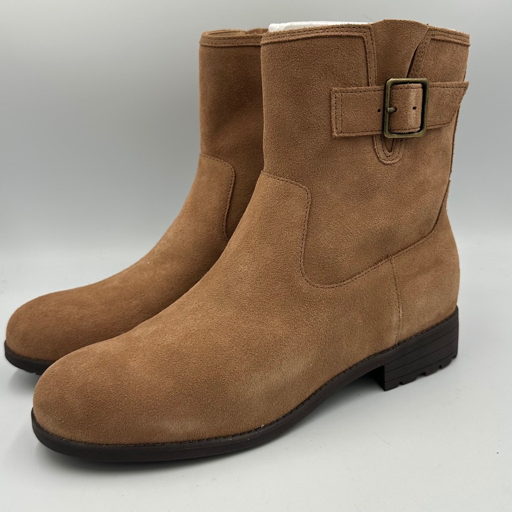 Vionic Jill Suede Ankle Boots Women 9 Hazelnut Tan Moto Buckle Lug Comfort NWOB